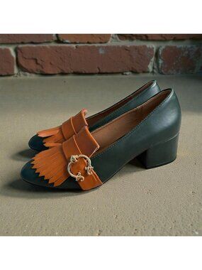 C WONDER Colorblock Green Tan Loafers Heels Size 7.5